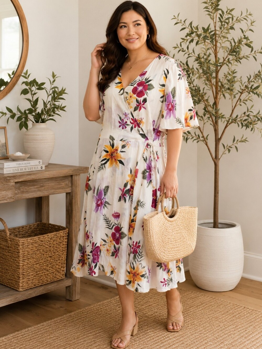Old Navy 3X Plus Floral Wrap Midi Dress Ivory Lined NWT